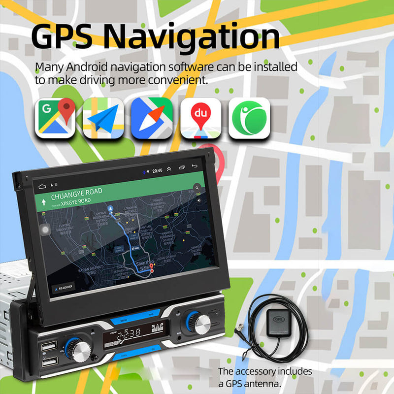 CARPURIDE Android 9.1 2+16GB Car Radio with 1Din 7'' Retractable Screen Player GPS Navigation Wifi Auto MP5 BT USB FM Rear Camera