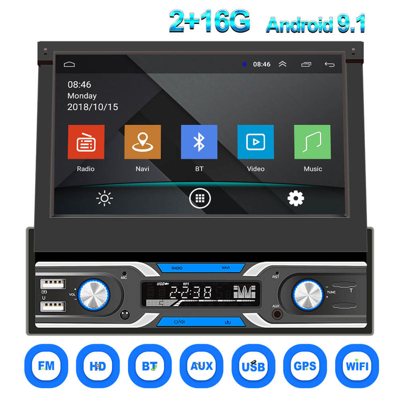 CARPURIDE Android 9.1 2+16GB Car Radio with 1Din 7'' Retractable Screen Player GPS Navigation Wifi Auto MP5 BT USB FM Rear Camera