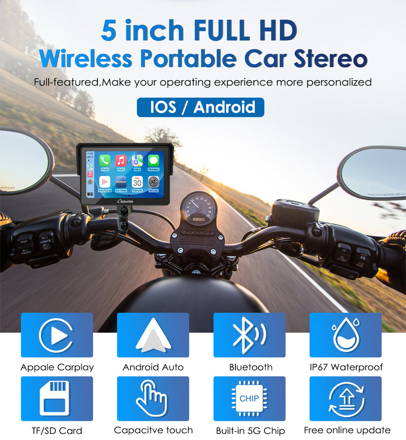  [2023 Newest ] Carpuride W502 Motorcycle GPS Wireless Portable  Apple Carplay/Android Auto Waterproof Car Stereo, 5 IPS Touch Screen with  Dual Bluetooth, Navigation/Siri/Google Assistant for Motorbike : Electronics